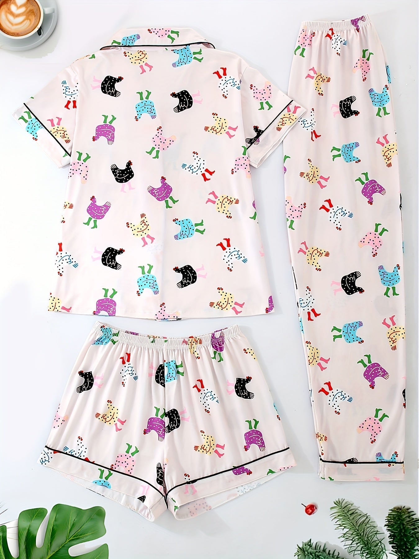 Cute Cartoon Chicken Printed Pajama Set (3-Piece Nightwear Combo)