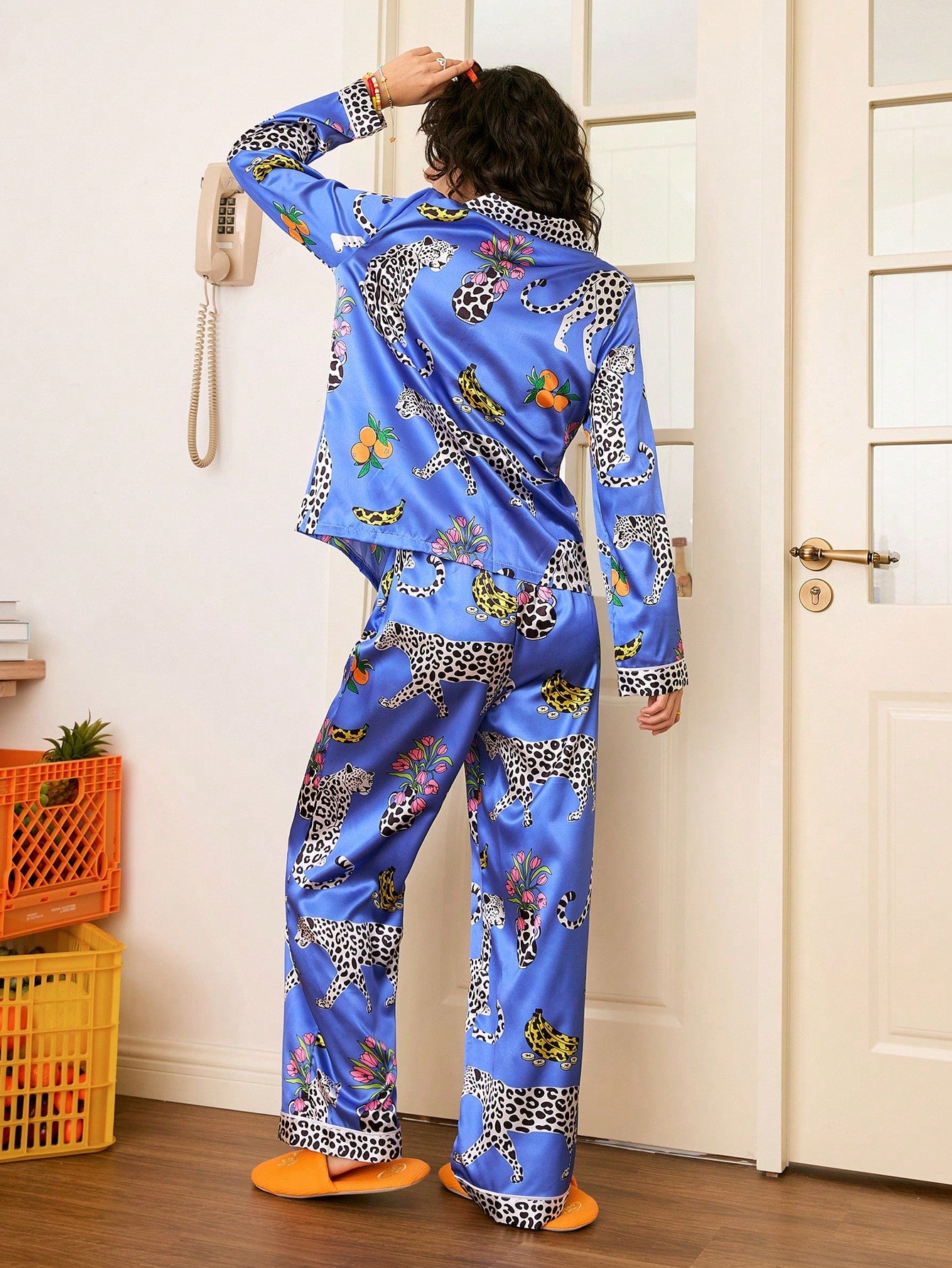 Blue Safari Leopard Satin Pajama Set