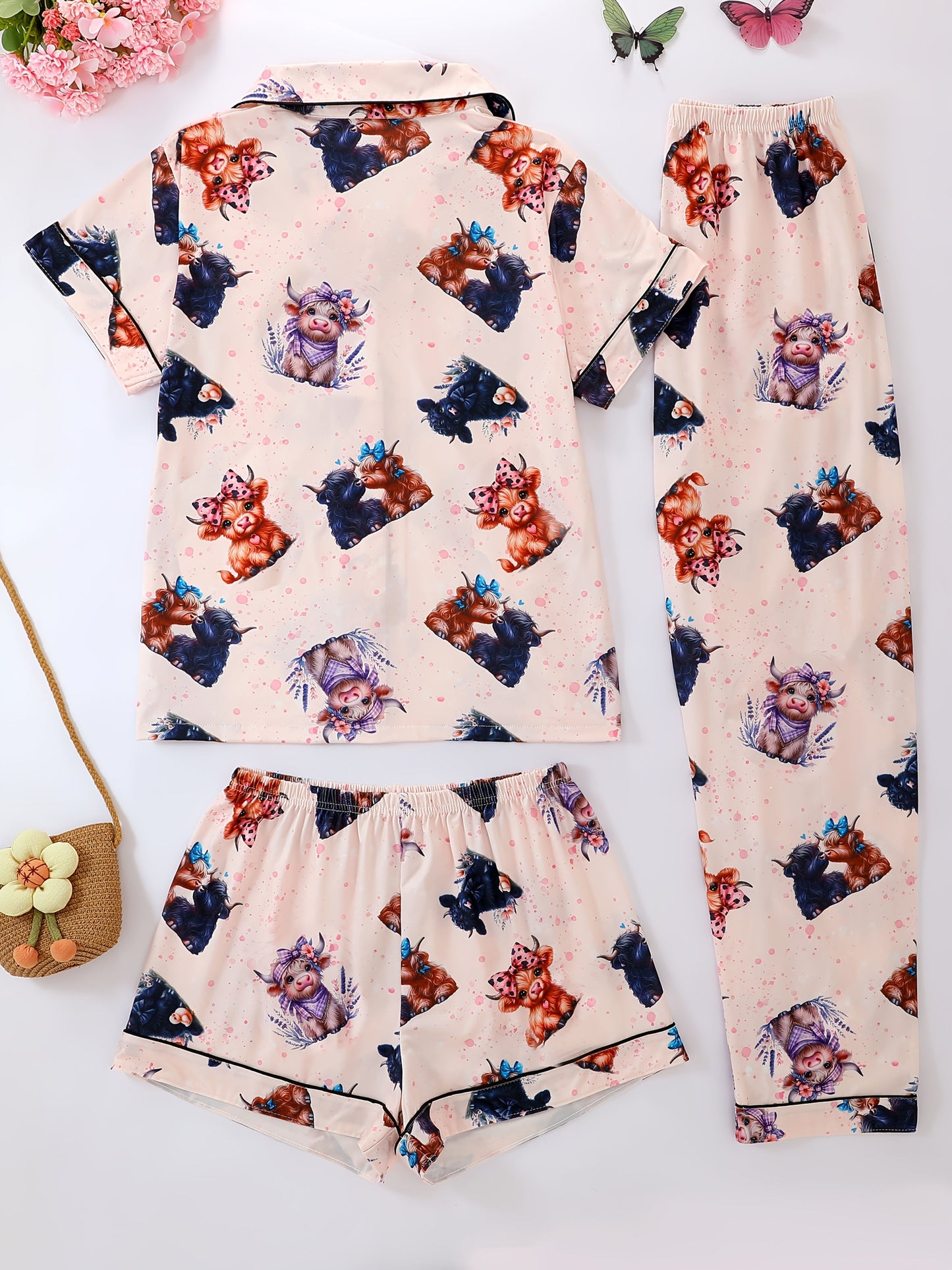 Adorable Cartoon Cow Print Nightwear Set (3-Piece Combo)