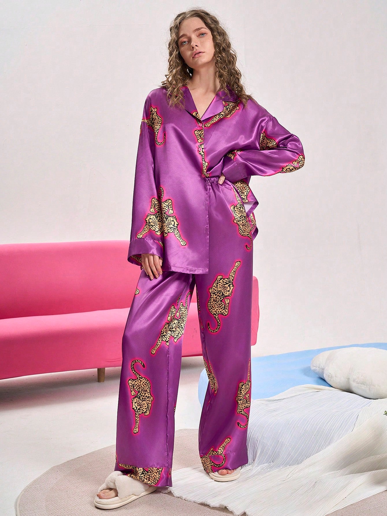 Violet Leopard Satin Pajama Set