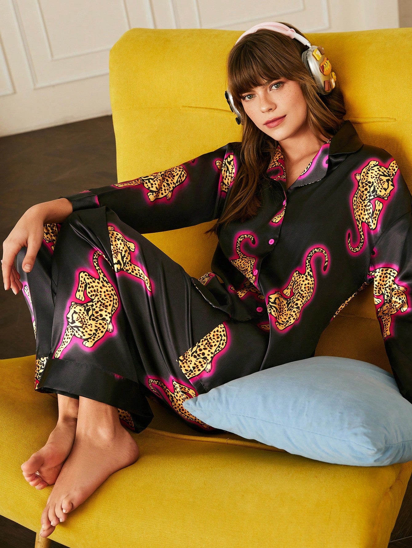 Neon Leopard Satin Pajama Set