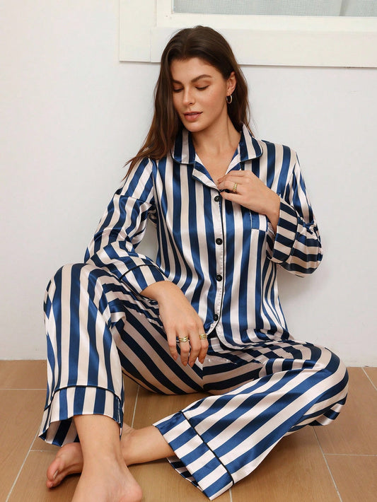 Classic Navy Stripe Satin Pajama Set