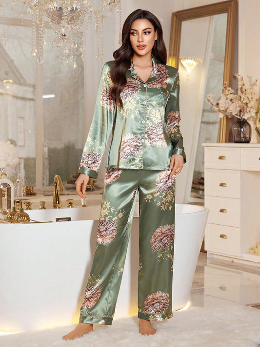 Emerald Bloom Satin Pajama Set