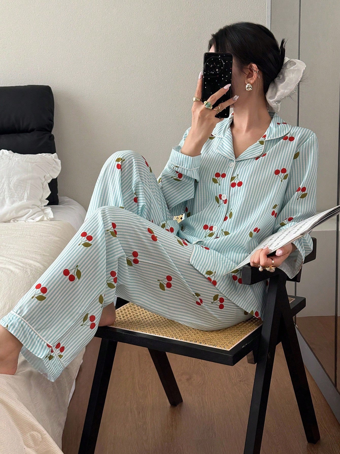 Mint Cherry Stripe Pajama Set