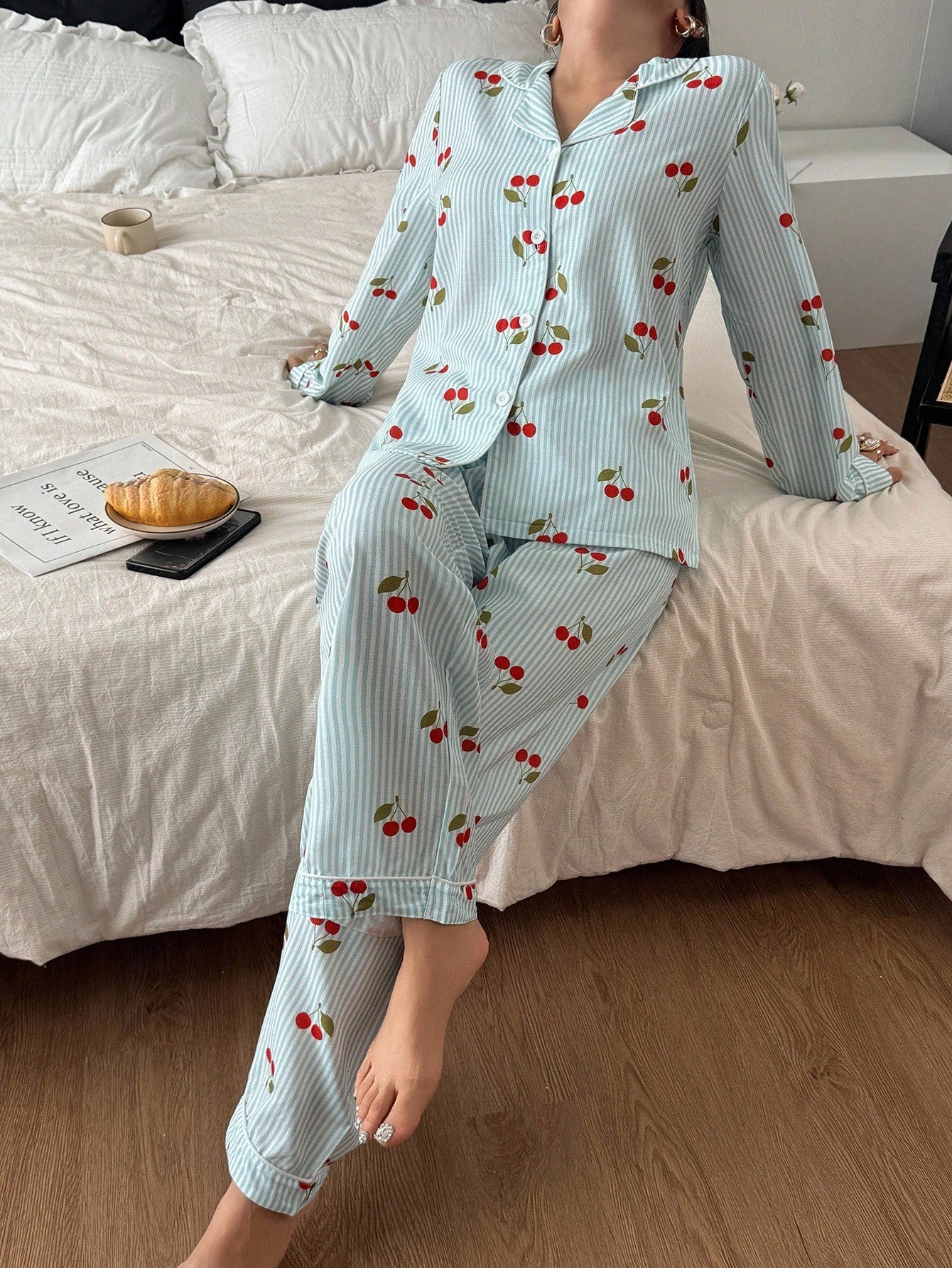Mint Cherry Stripe Pajama Set