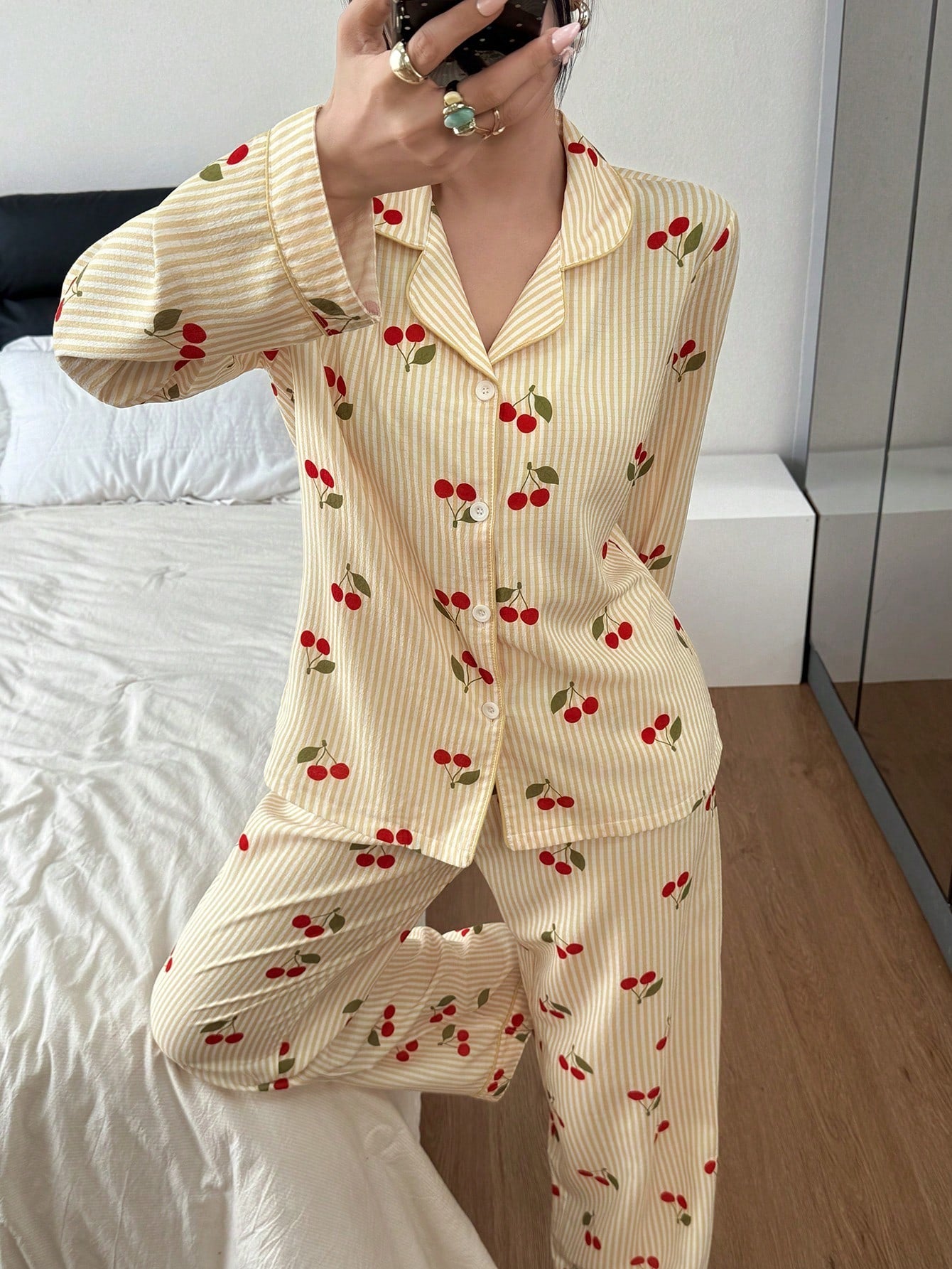 Golden Cherry Stripe Pajama Set