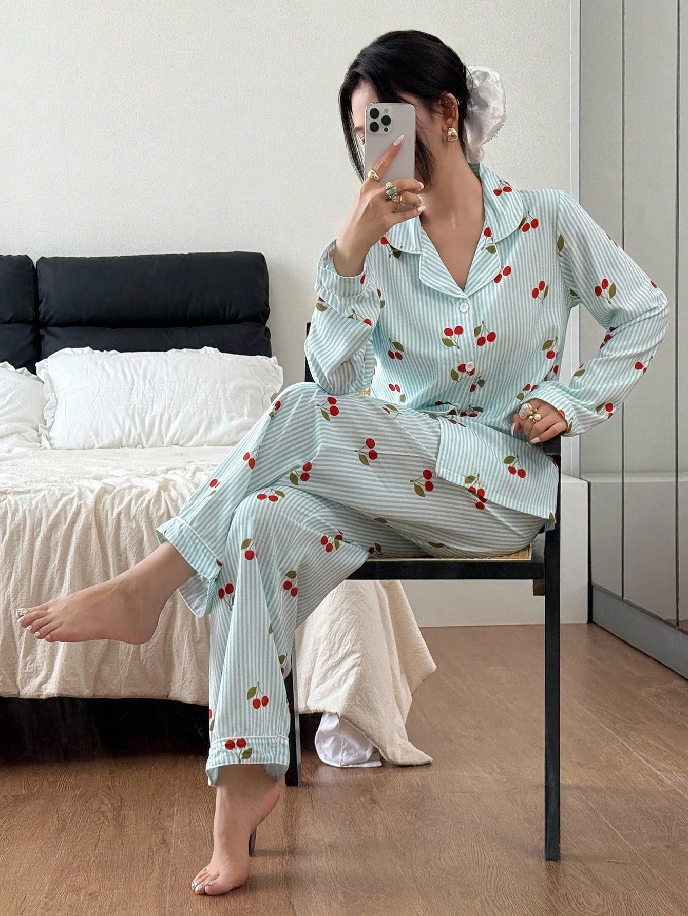 Mint Cherry Stripe Pajama Set
