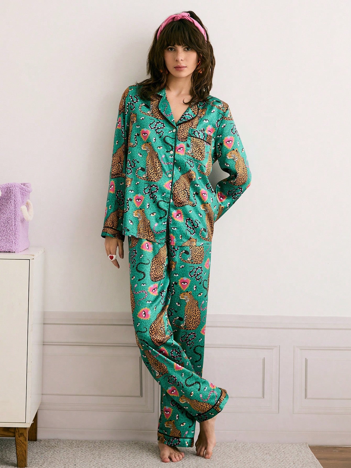 Emerald Jungle Leopard Satin Pajama Set