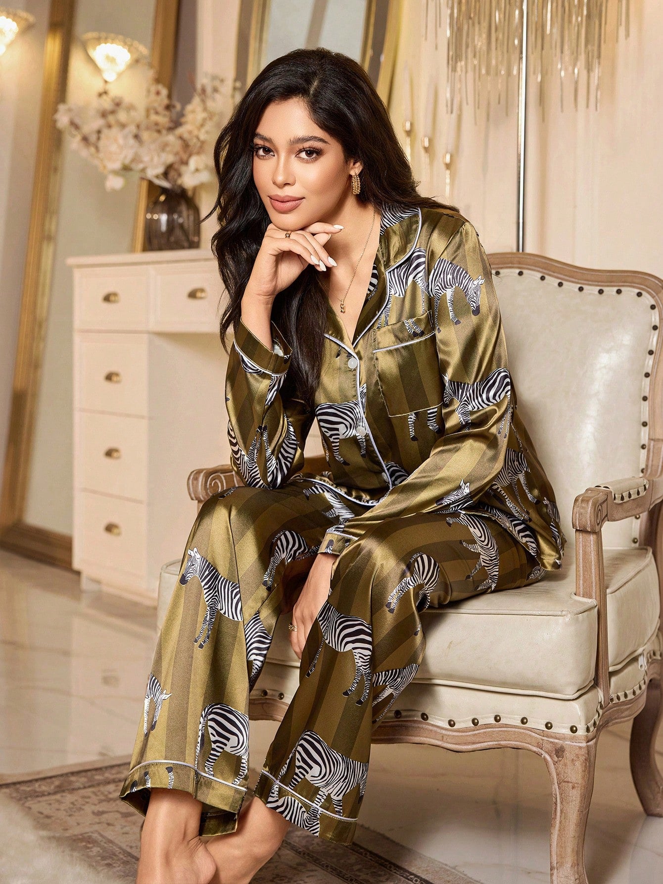 Olive Zebra Satin Pajama Set