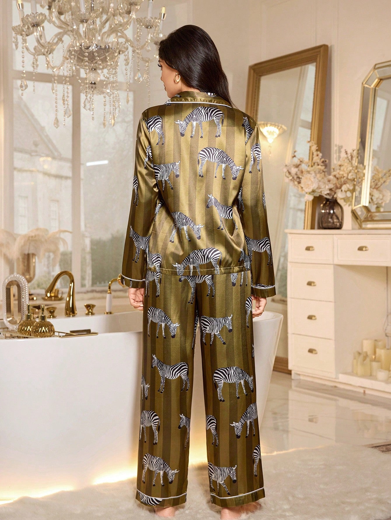 Olive Zebra Satin Pajama Set