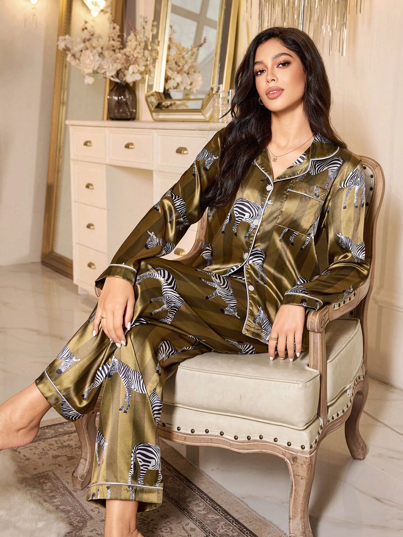 Olive Zebra Satin Pajama Set