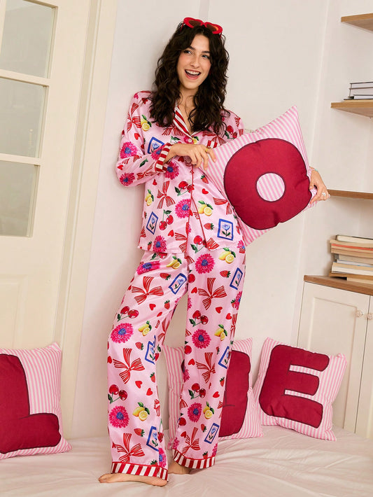 Cherry Ribbon Satin Pajama Set