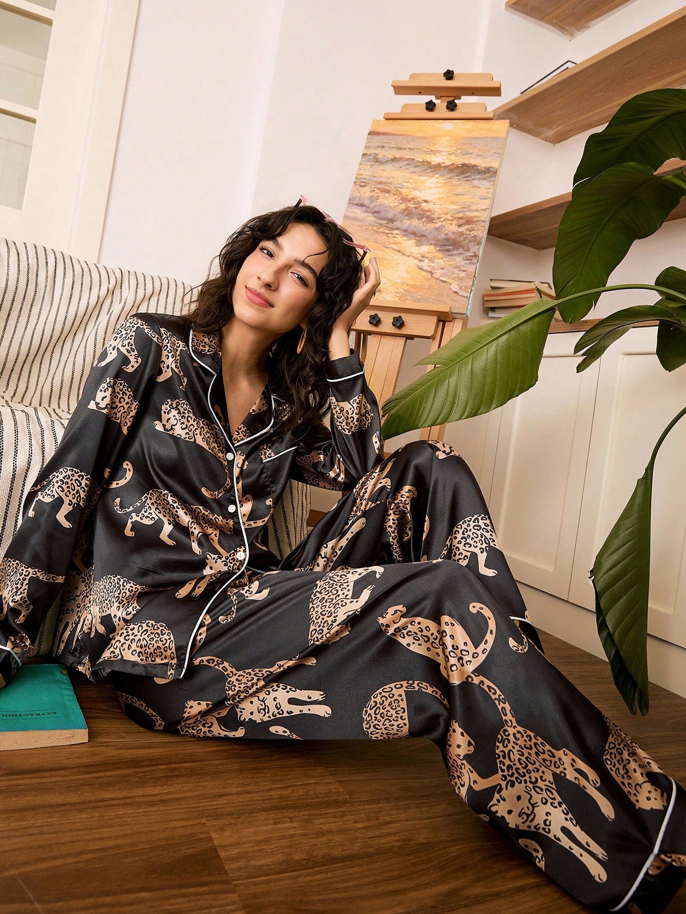Midnight Leopard Satin Pajama Set
