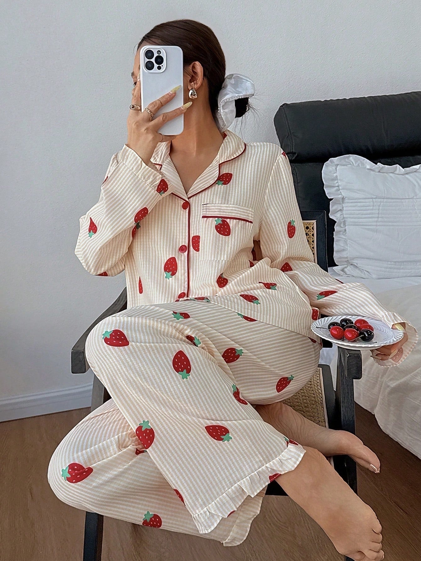 Cream Strawberry Stripe Pajama Set