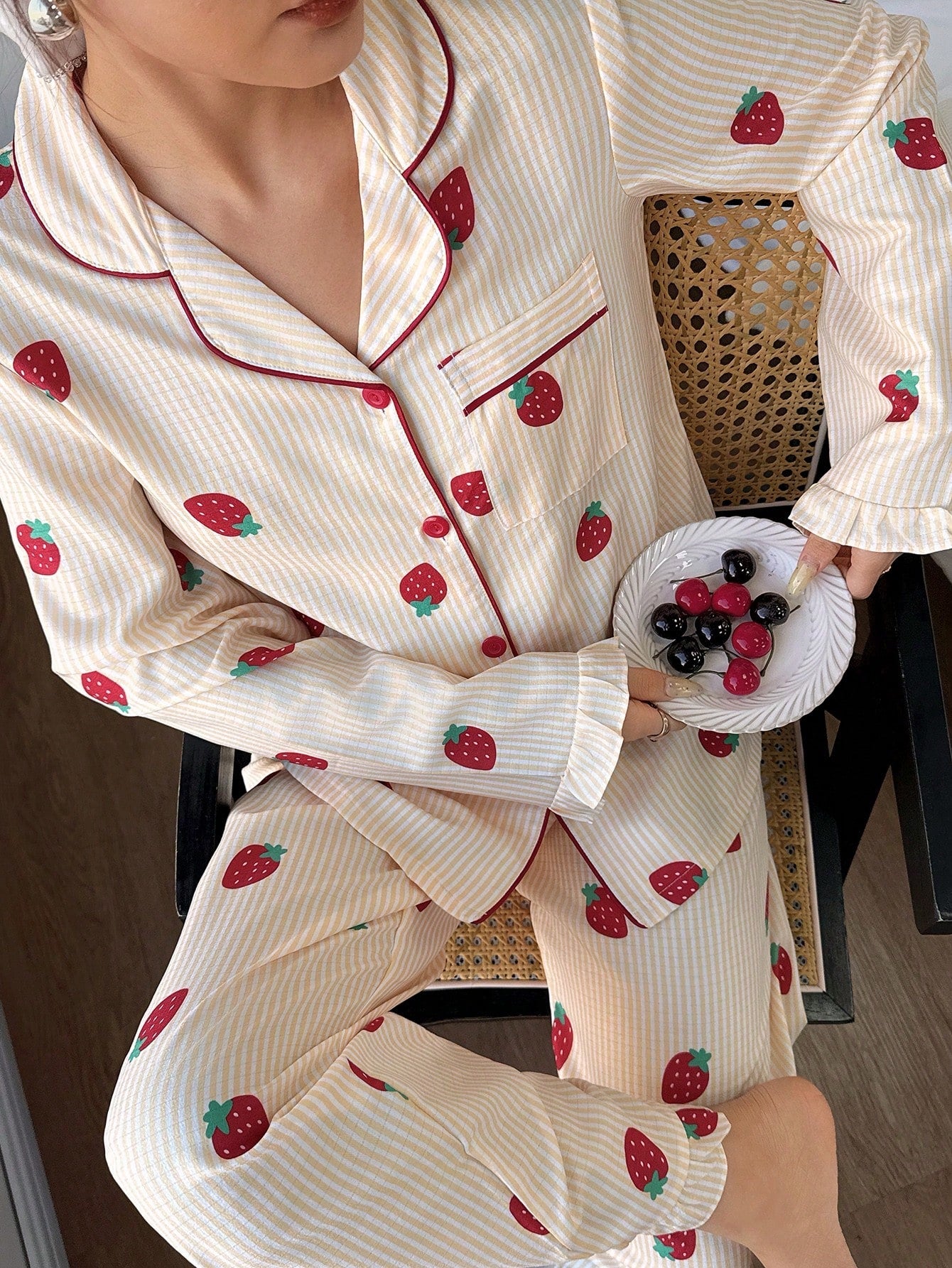 Cream Strawberry Stripe Pajama Set