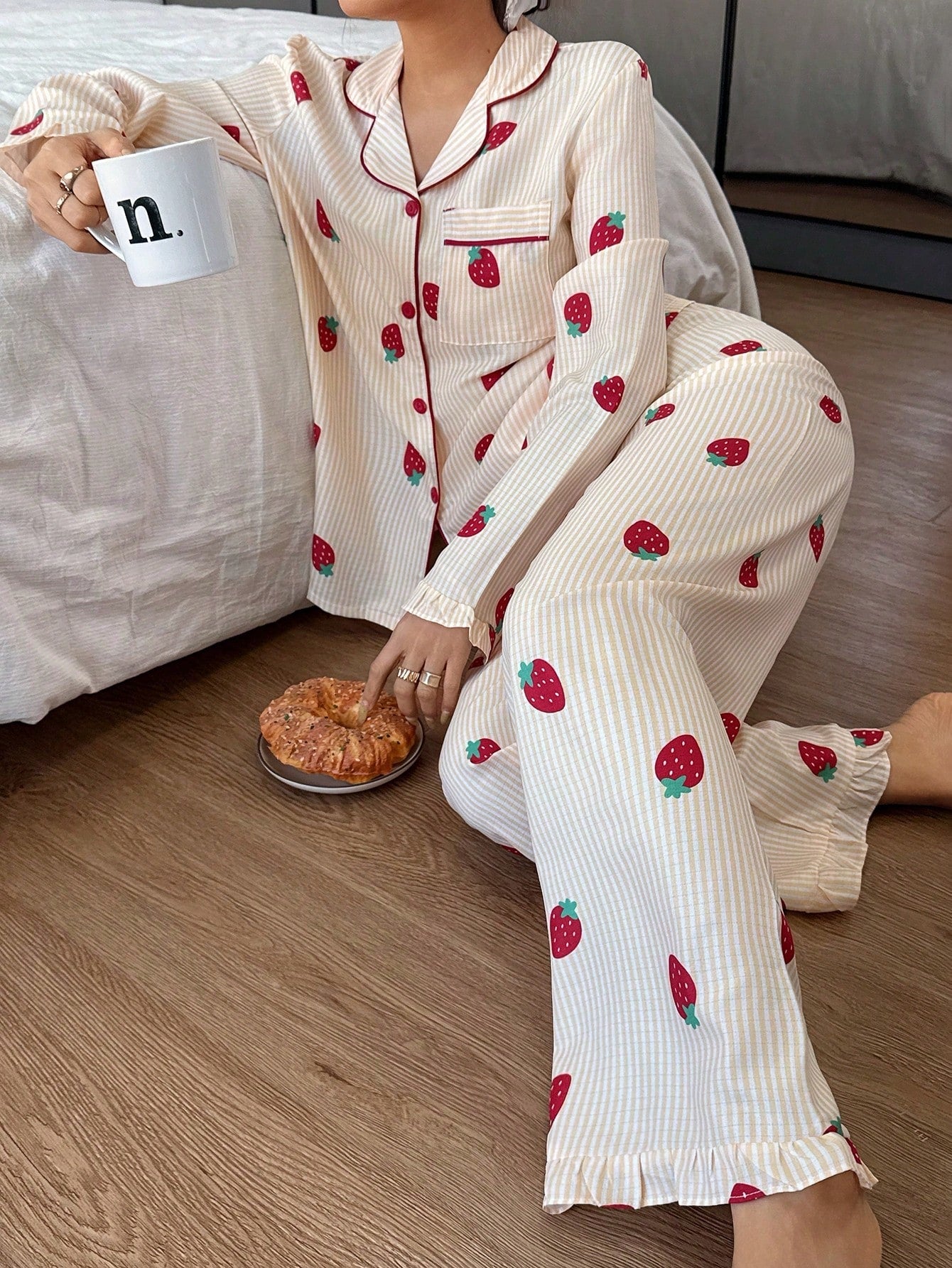Cream Strawberry Stripe Pajama Set