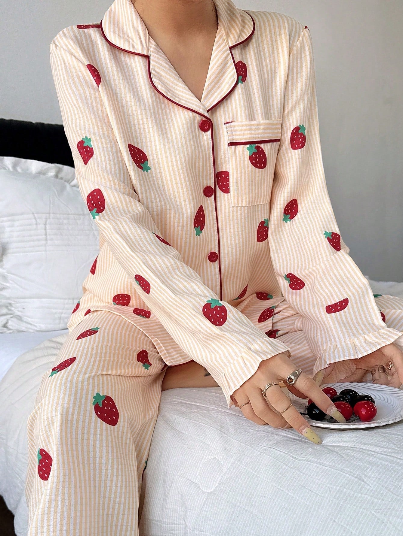 Cream Strawberry Stripe Pajama Set