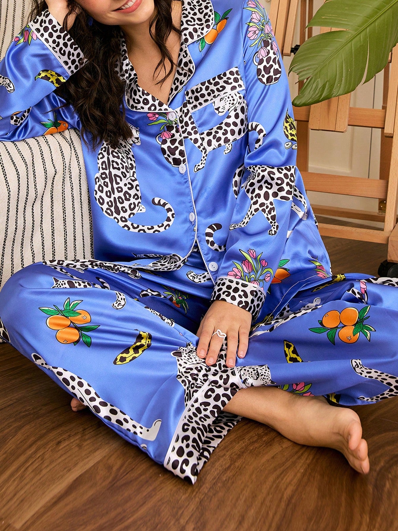 Blue Safari Leopard Satin Pajama Set