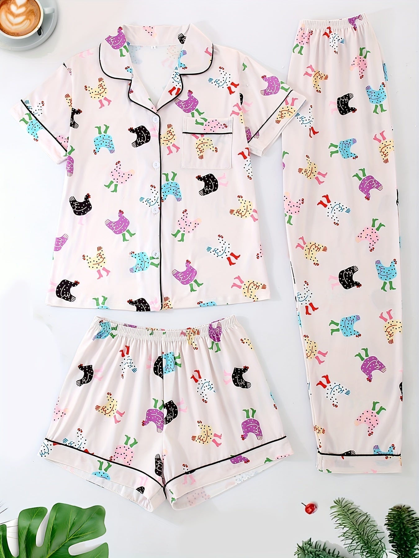 Cute Cartoon Chicken Printed Pajama Set (3-Piece Nightwear Combo)