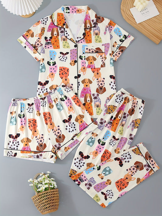 Puppy Party Satin Nightwear Set (3-Piece Combo) 🐶✨