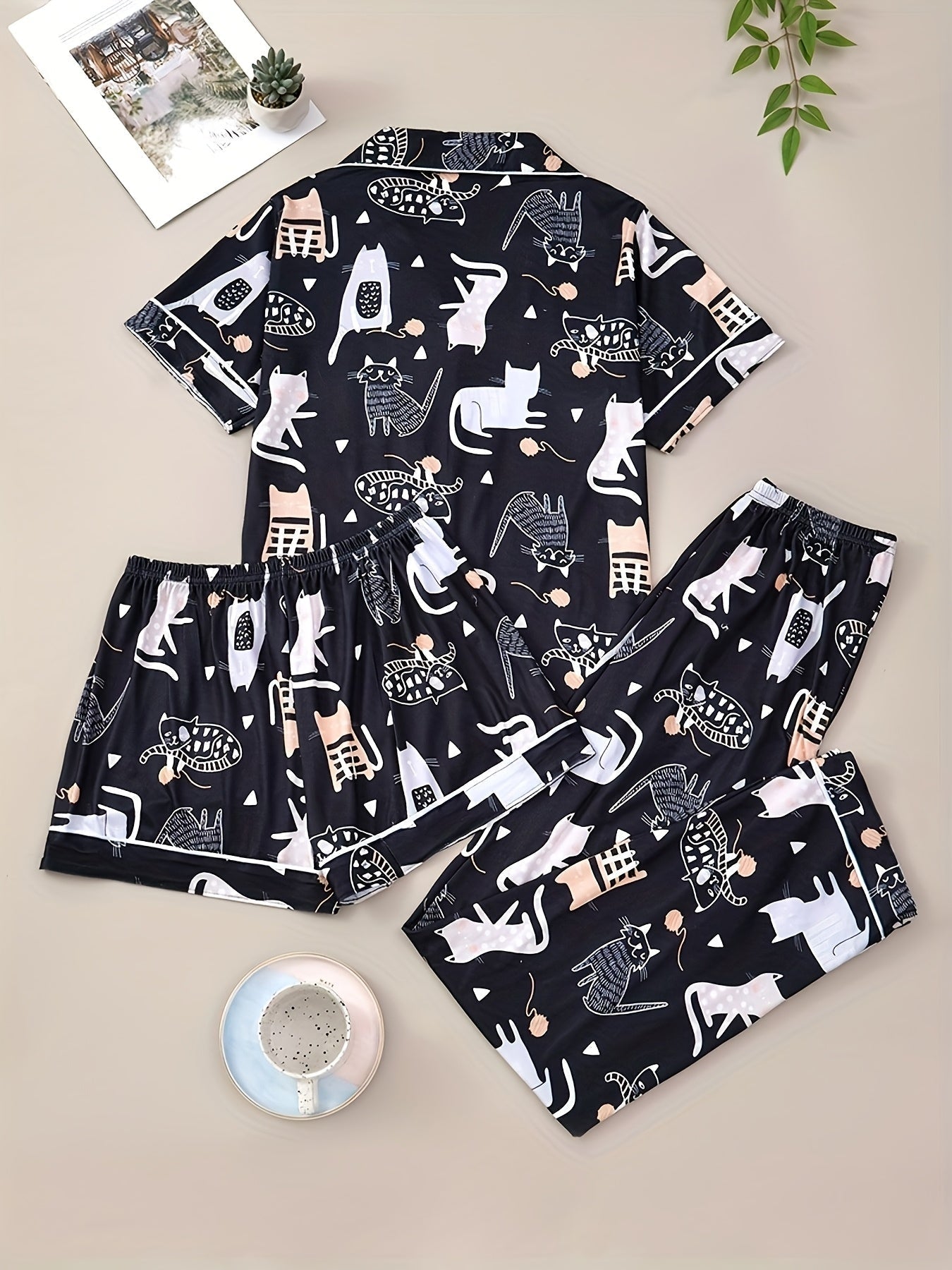 Purrfect Dreams Cat Print Nightwear Set (3-Piece Combo)