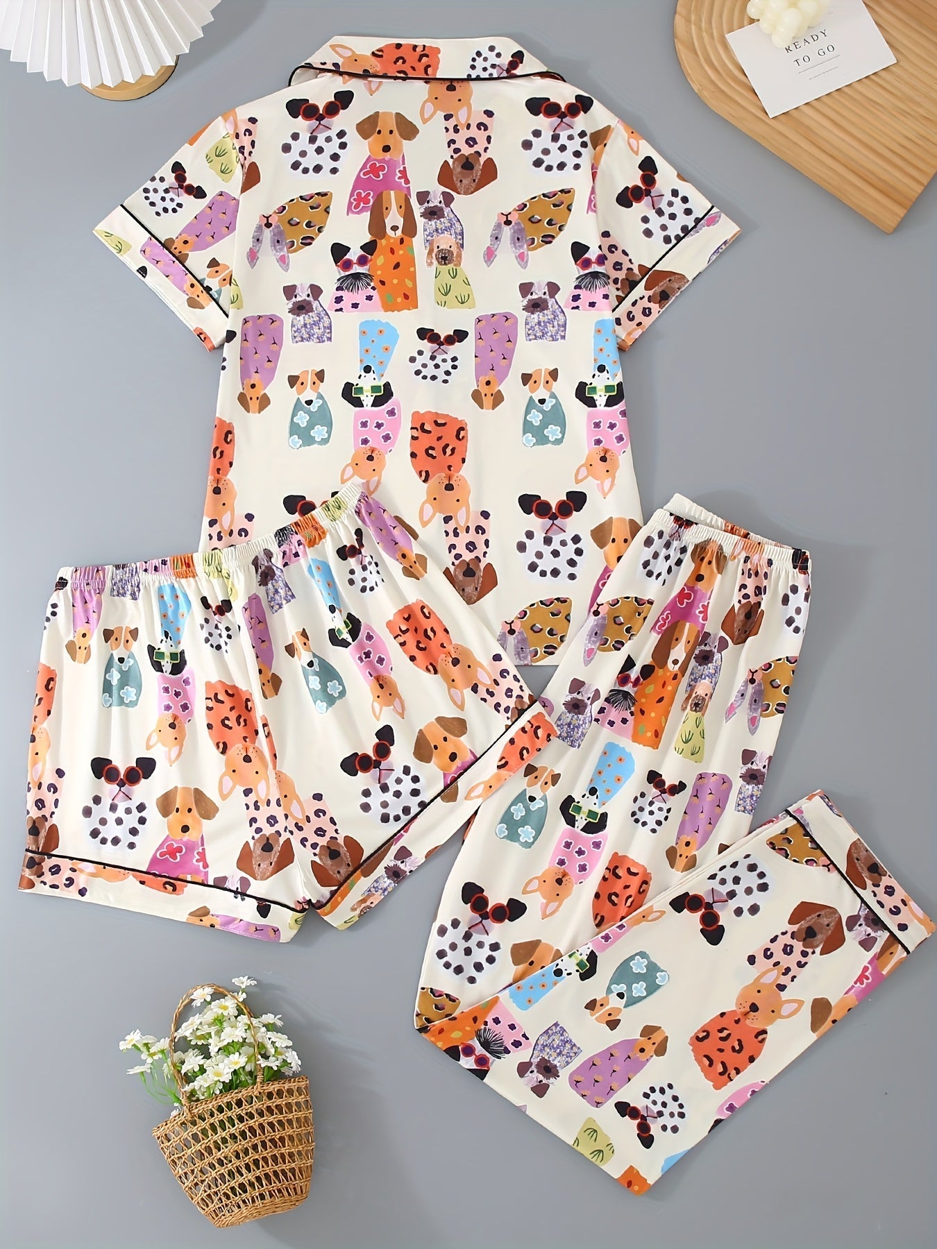 Puppy Party Satin Nightwear Set (3-Piece Combo) 🐶✨