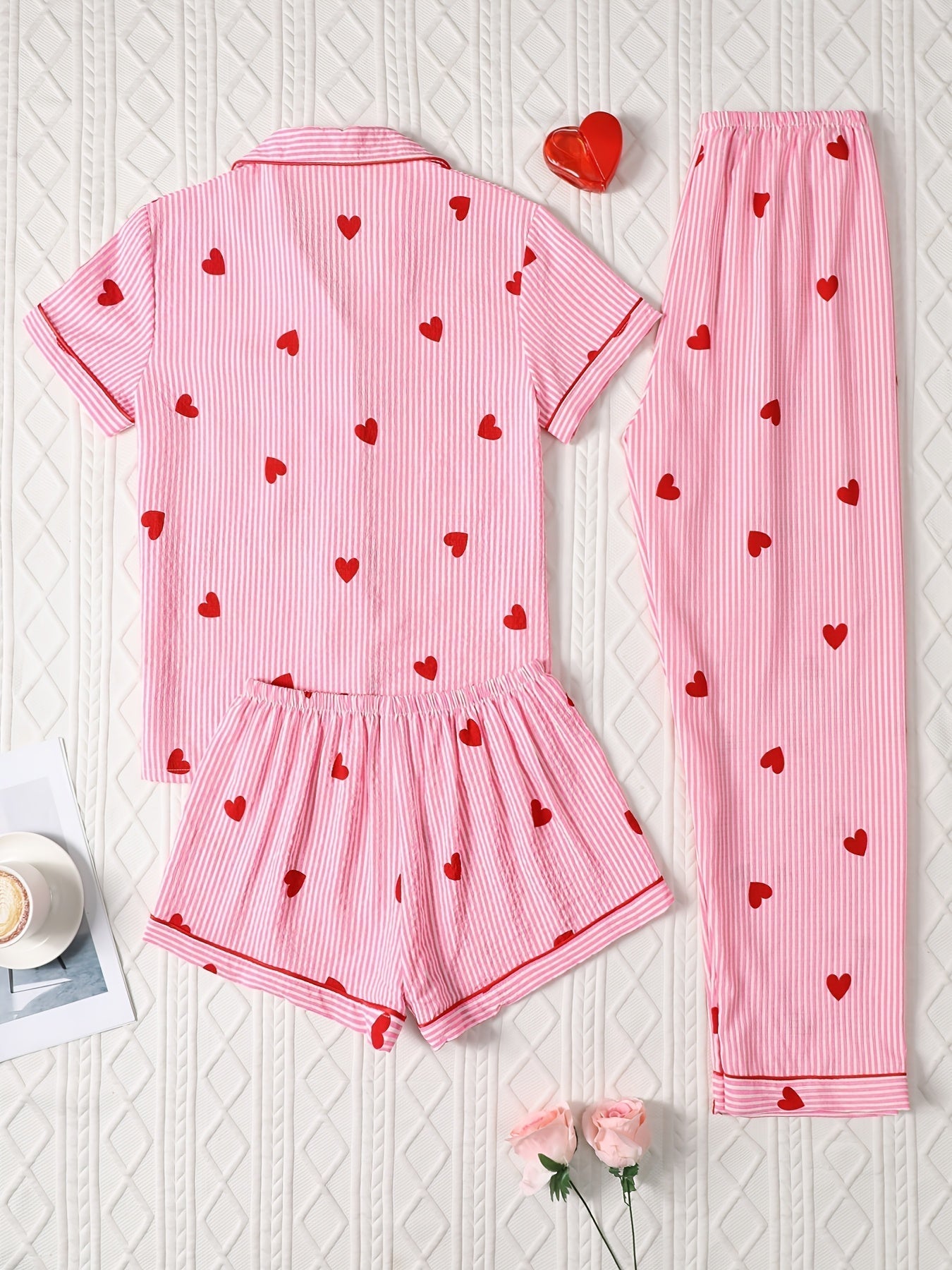 Candy Stripe Hearts Nightwear Set (3-Piece Combo)