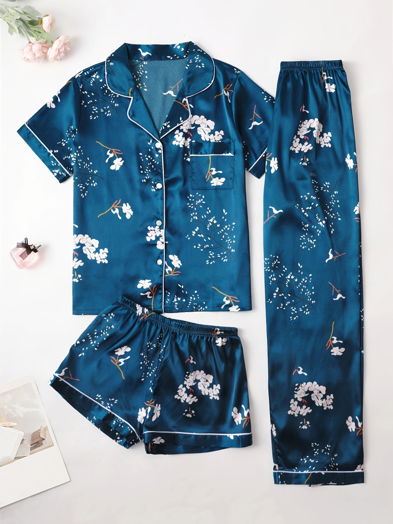 Midnight Blossom Pajama Set (3 Pcs Combo)