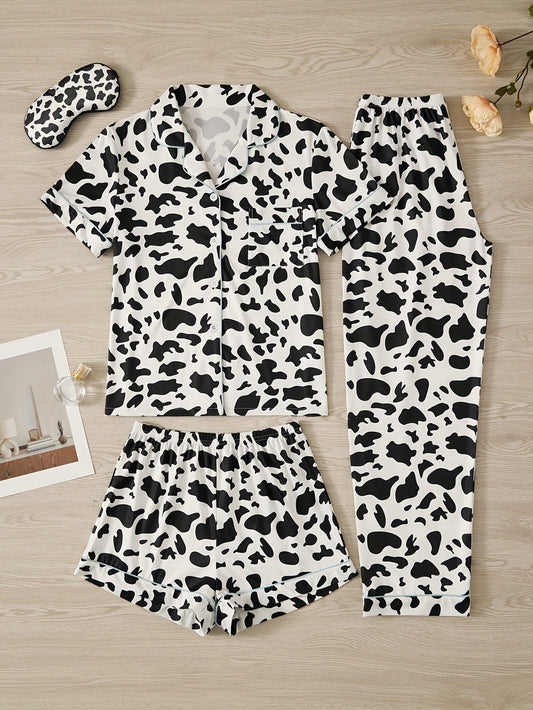 Classic Cow Print Nightwear Set (3-Piece Combo)