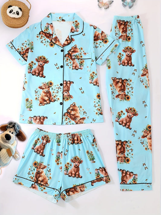 Sunny Highland Cow Nightwear Set (3-Piece Combo)